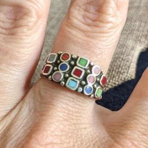 VINTAGE Sterling Silver Inlaid Needlepoint Turquoise Mosaic Ring Size 7.5